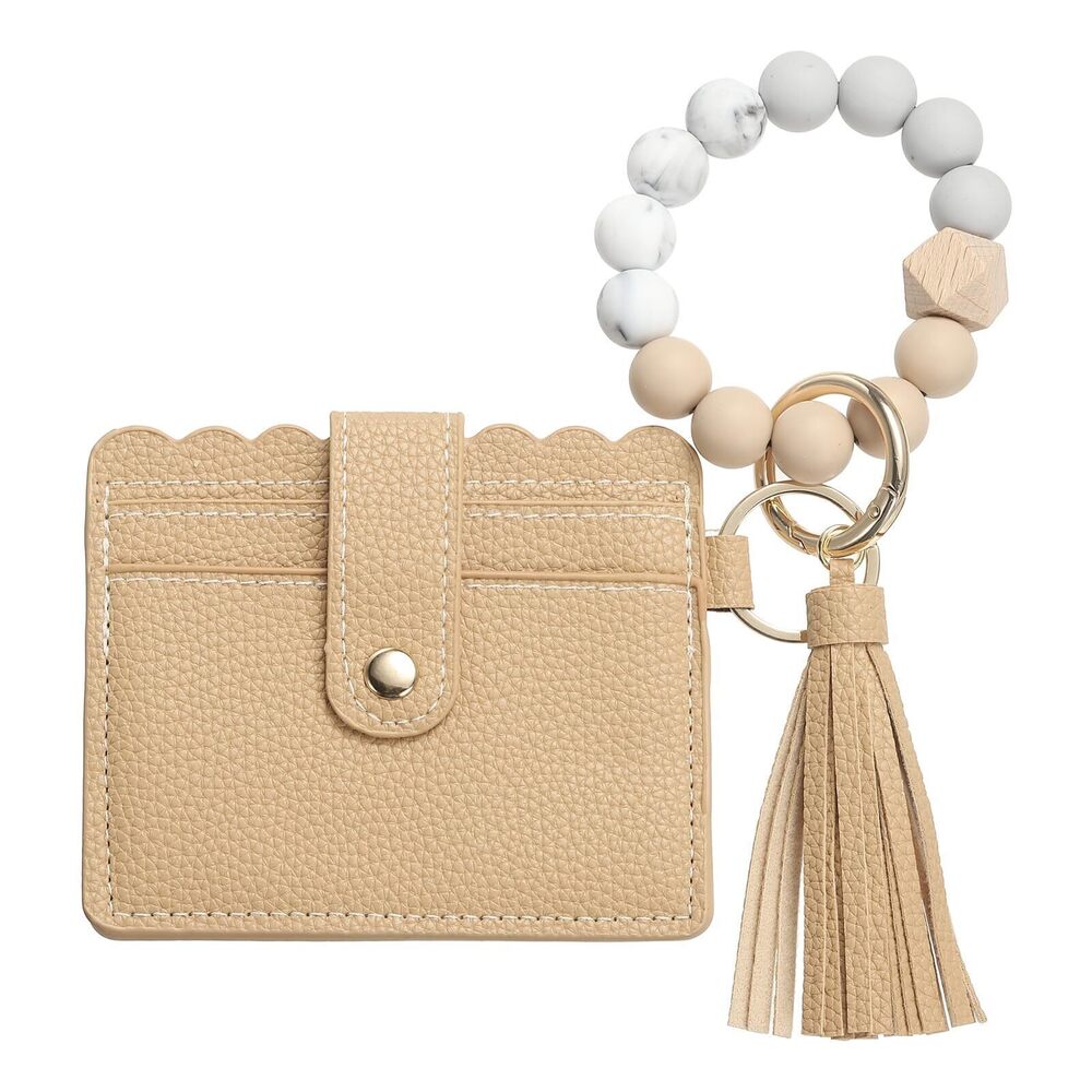 5250 Card Holder Wallet with Silicone Beaded Bracelet, Slim PU Leather